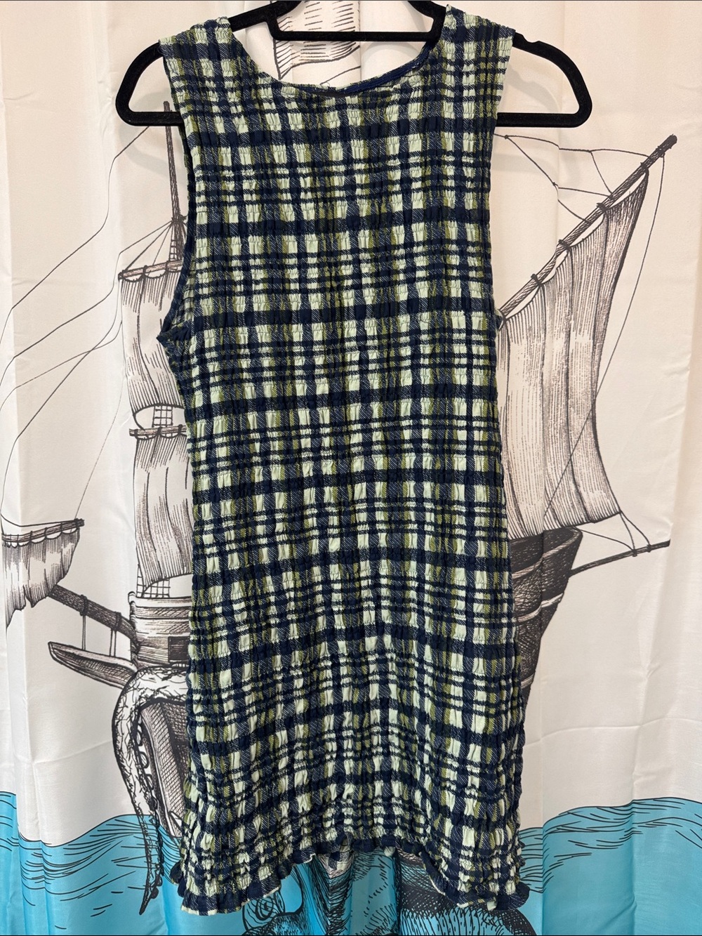 Sleeveless Boutique Plaid Knit Dress in Navy and Lime